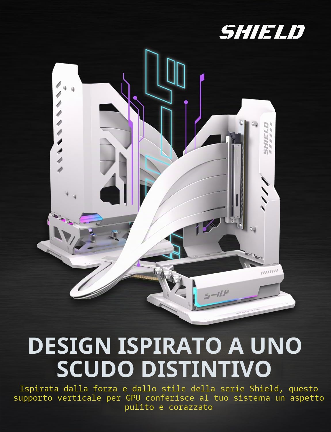 EZDIY-FAB Shield ARGB Supporto verticale per GPU con cavo riser PCIe 5.0, staffa verticale GPU Supporto RTX serie 50, angolo regolabile a 20 gradi, installazione magnetica e slot ventola