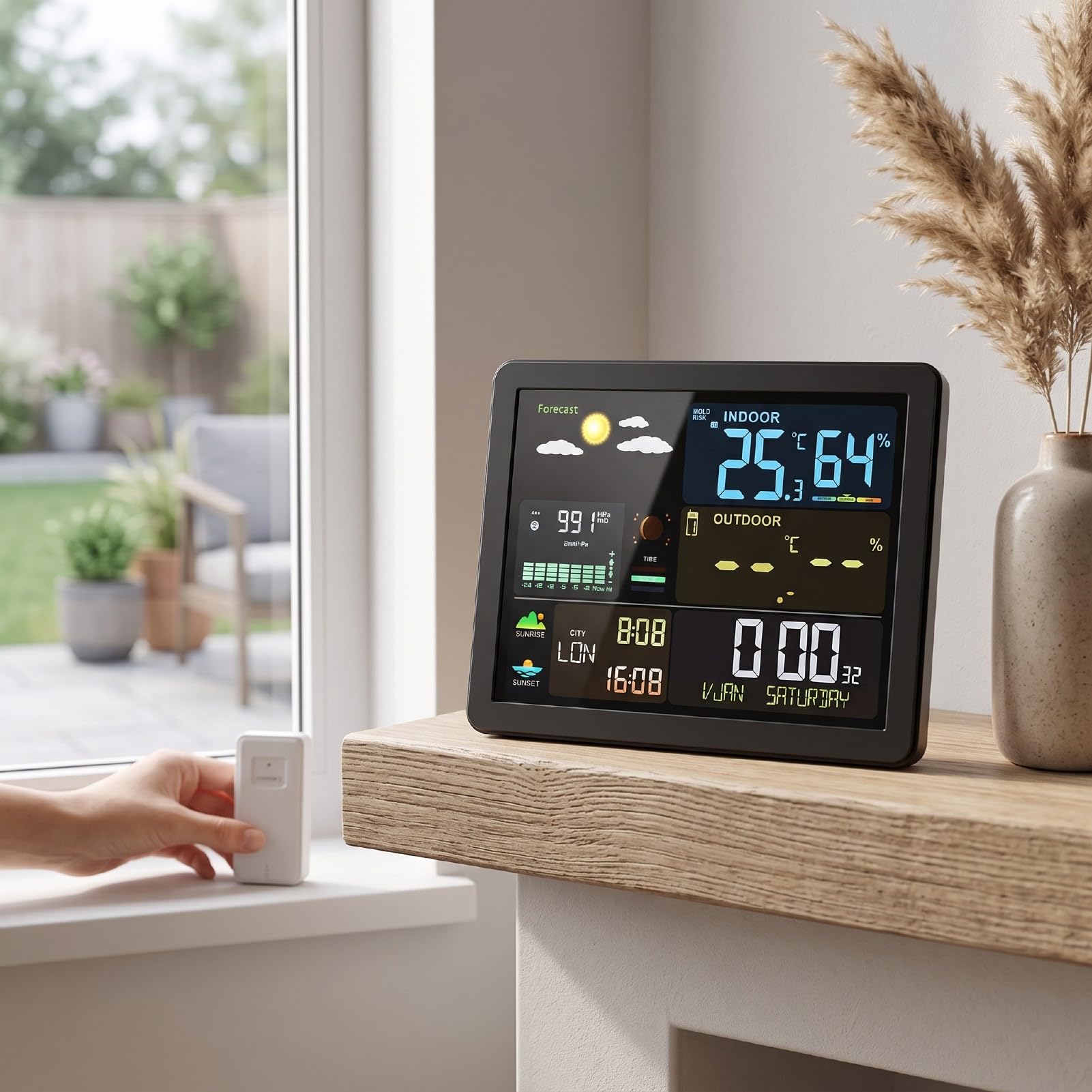 Sxhlseller Wetterstation mit Funk Außensensor, Innen Außenthermometer Hygrometer, Luftdruck Mondphase Gezeitendaten Dual Alarm 12 24 Std for Zuhause Büro