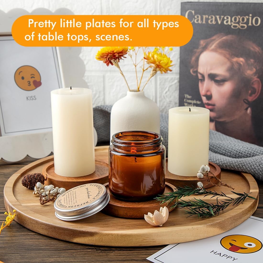 Wood Candle Holder Farmhouse Decor - HALE OTEIR Wooden Pillar Candles Holder for Pillar Floating Candles Set of 4 Round Wooden Plate Pedestal Stand for Coffee Table for Christmas Decor image 5