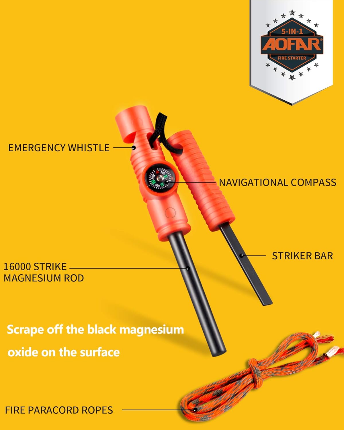 AOFAR Fire Starter AF-381 Fire Steel 5-in-1 for Camping, Hiking, Hunting, Backpacking, Boating, Outdoor Magnesium Survival Rod with Fire Paracord, Compass and Whistle, Waterproof (2-Pack) : Sports & Outdoors