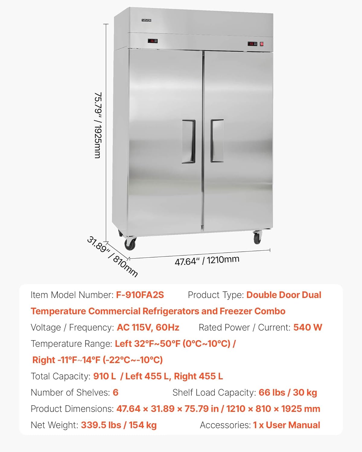 VEVOR Commercial Refrigerator and Freezer Combo 48" W, 32 Cu.Ft Stainless Steel Upright Refrigerator/Freezer with Double Doors, Auto-Defrost, 6 Adjustable Shelves, UL Certified