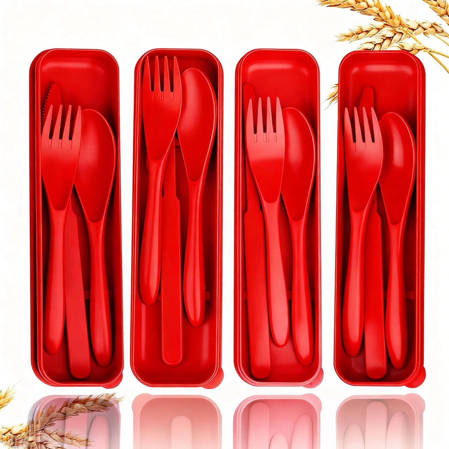 Travel Utensils Set - Reusable 4 Sets Plastic Cutlery with Case, Forks Spoons and Knives Set, Eco-Friendly BPA Free, Portable Camping Utensil for Adults Kids Daily Use (4 Red)