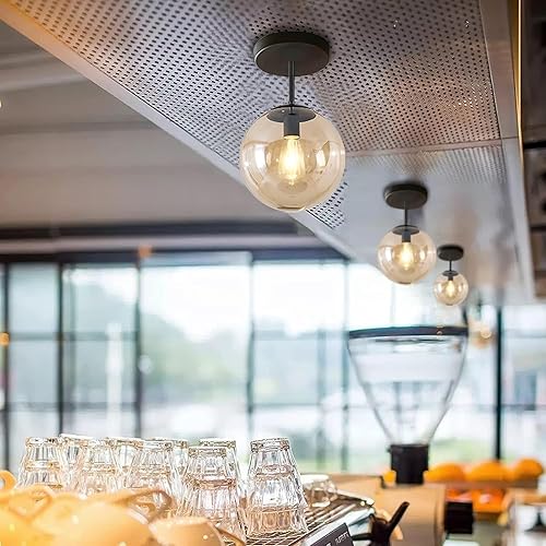 Miniatura 10 de Lámpara de techo semiempotrada de globo moderno de mediados de siglo, cristal transparente con acabado, luces colgantes de cristal negro de 1 luz