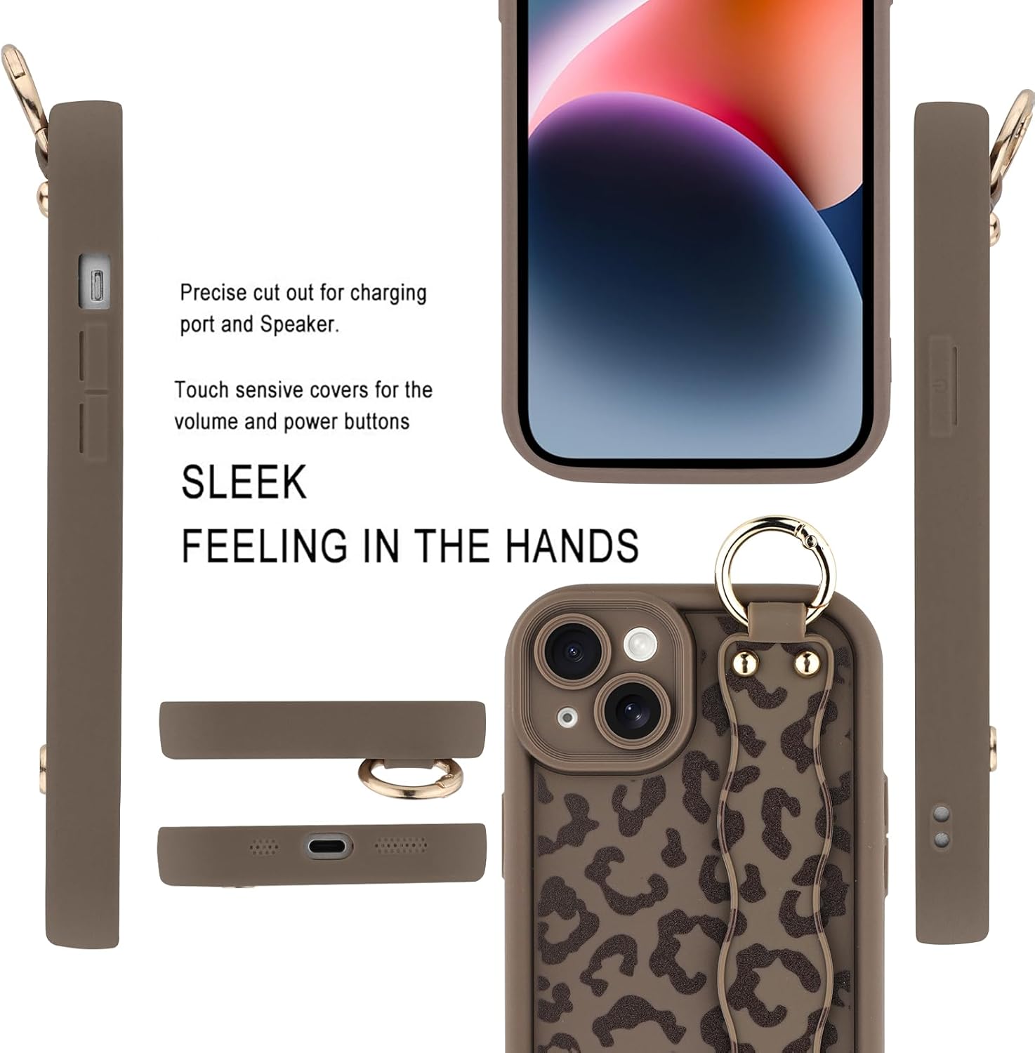 MOWIME Compatible with iPhone 14 Plus Case with Wrist Strap, [Upgraded] Adjustable Wristband Kickstand Case for Women Girls, Cheetah Print Shockproof Silicone Protective Case 6.7 Inch, Brown - Image 4