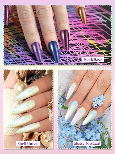 Miniatura 3 de EBANKU Juego de 8 esmaltes de uñas de gel perlado con purpurina nacarada, azul, verde, morado, dorado, brillante, efecto de hilo de sirena, blanco y