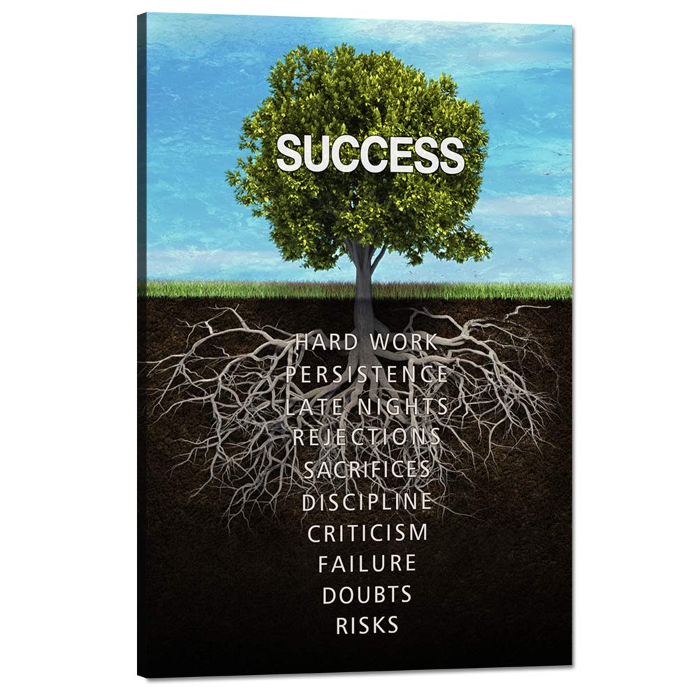 Success Tree Wall Art Inspirational Painting on Canvas Motivation Entrepreneur Quotes Pictures Posters and Prints Artwork Modern Inspirng Office Decor Living Room Gym Decorations Framed (12”Wx18”H)