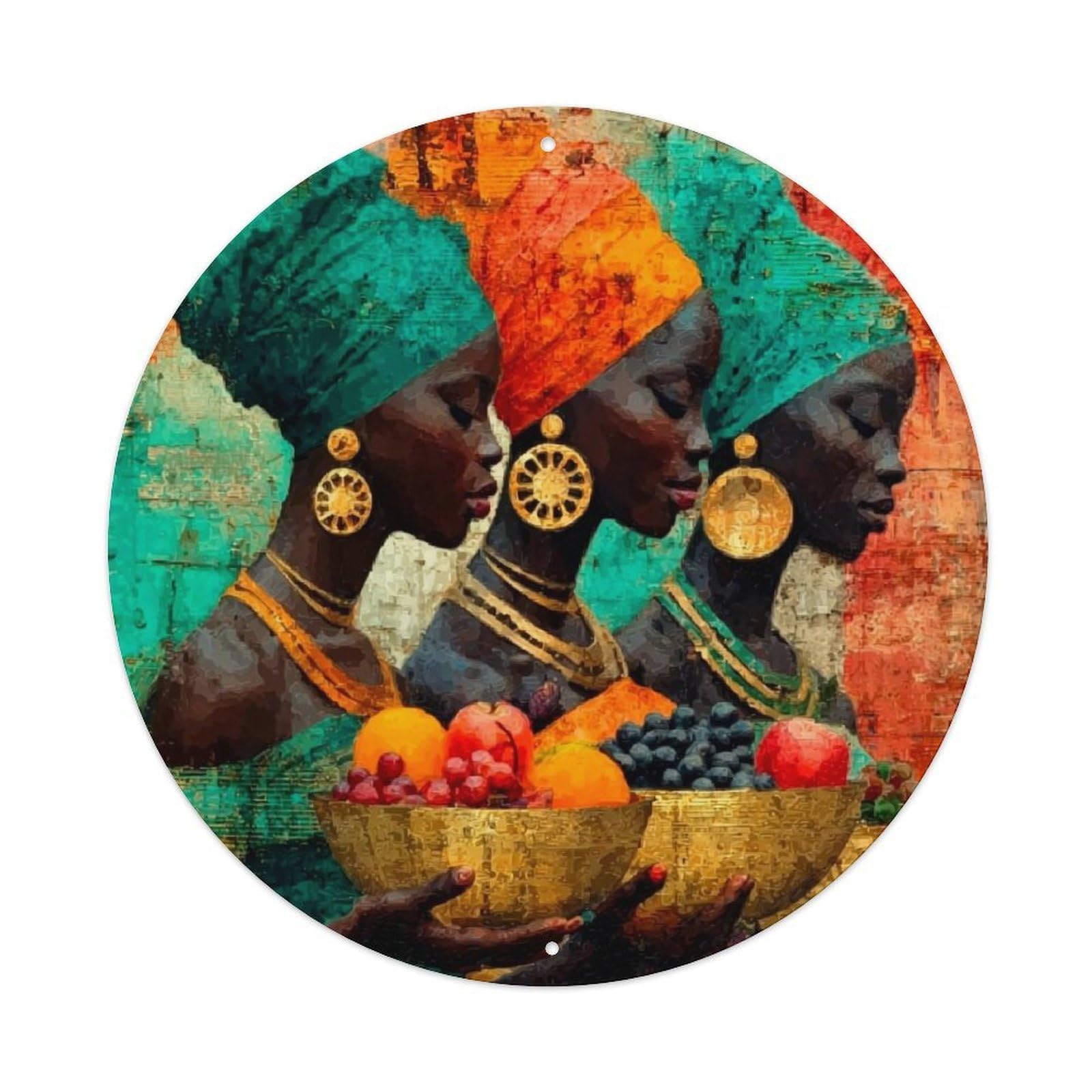 African Women With Fruit Bowl Retro Metal Sign Round Tin Sign, Vintage Decor Art Poster for Bar, Home, Man Cave, Kitchen, Laundry Room Gift 8x8Inch
