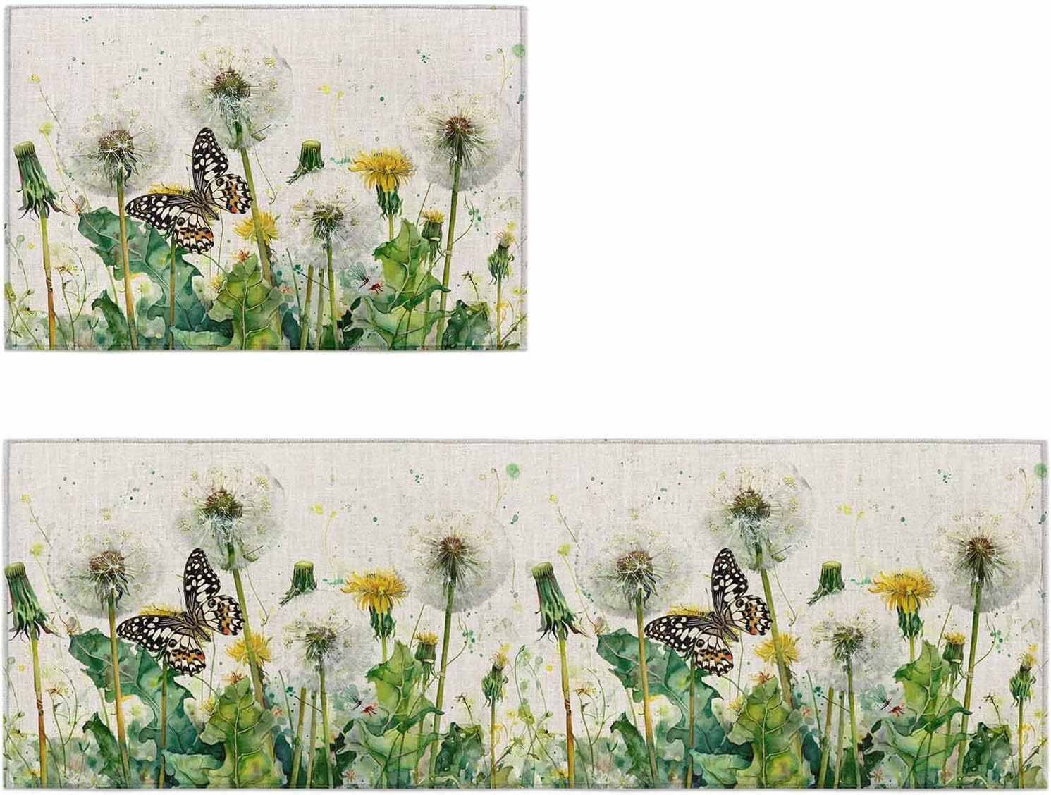 Kitchen Mats for Floor Watercolor Spring Flower Butterfly Washable Non Slip Kitchen Rugs 2PCS, Floral Leaves on Burlap Absorbent Standing Mats for Sink Office Living Room 15.7x23.6in+15.7x47.2in