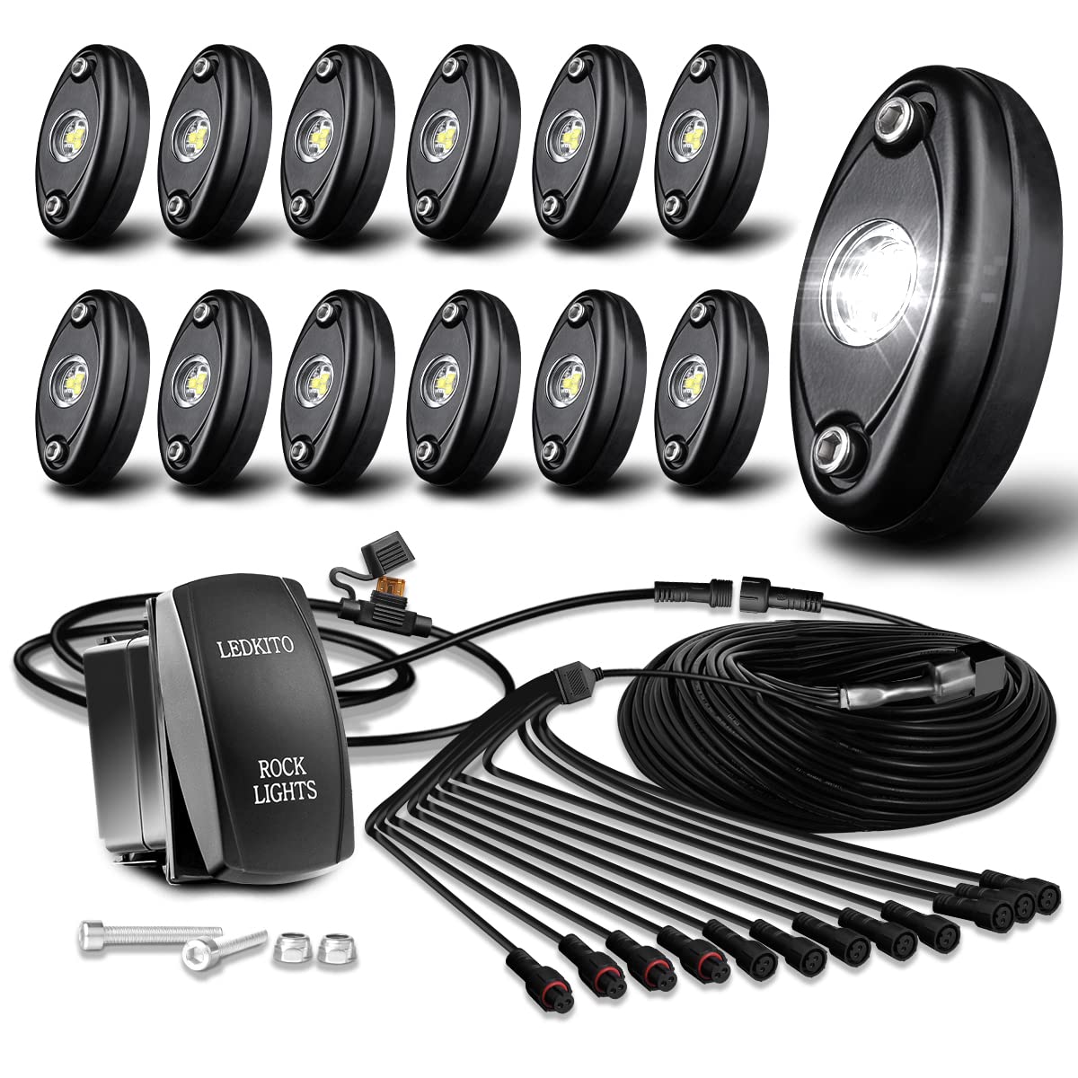 R1 White LED Rock Lights Kit with Roker Switch Wire Harness 12PCS for Trucks Off Road RZR SUV ATV UTV Super Bright Pure White Under Glow Lights Trail TRAI Rig Lights