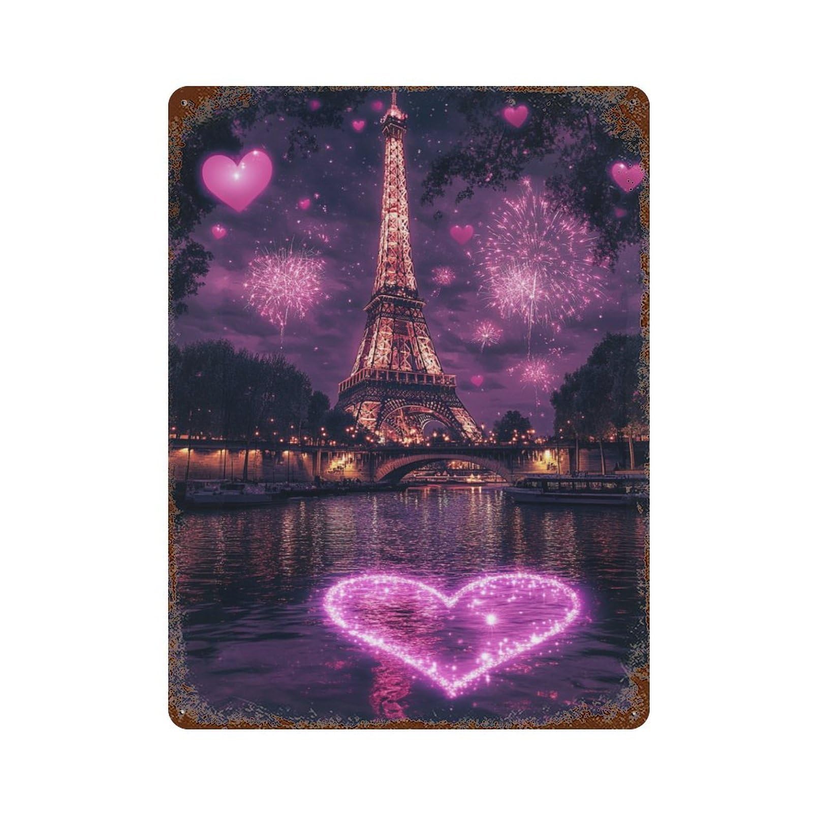 Paris Eiffel Tower Fireworks Romance Vintage Wall Sign 15.7"x11.8", Rust Effect Metal Decor for Cafe, Home Bar And Lounge Decor