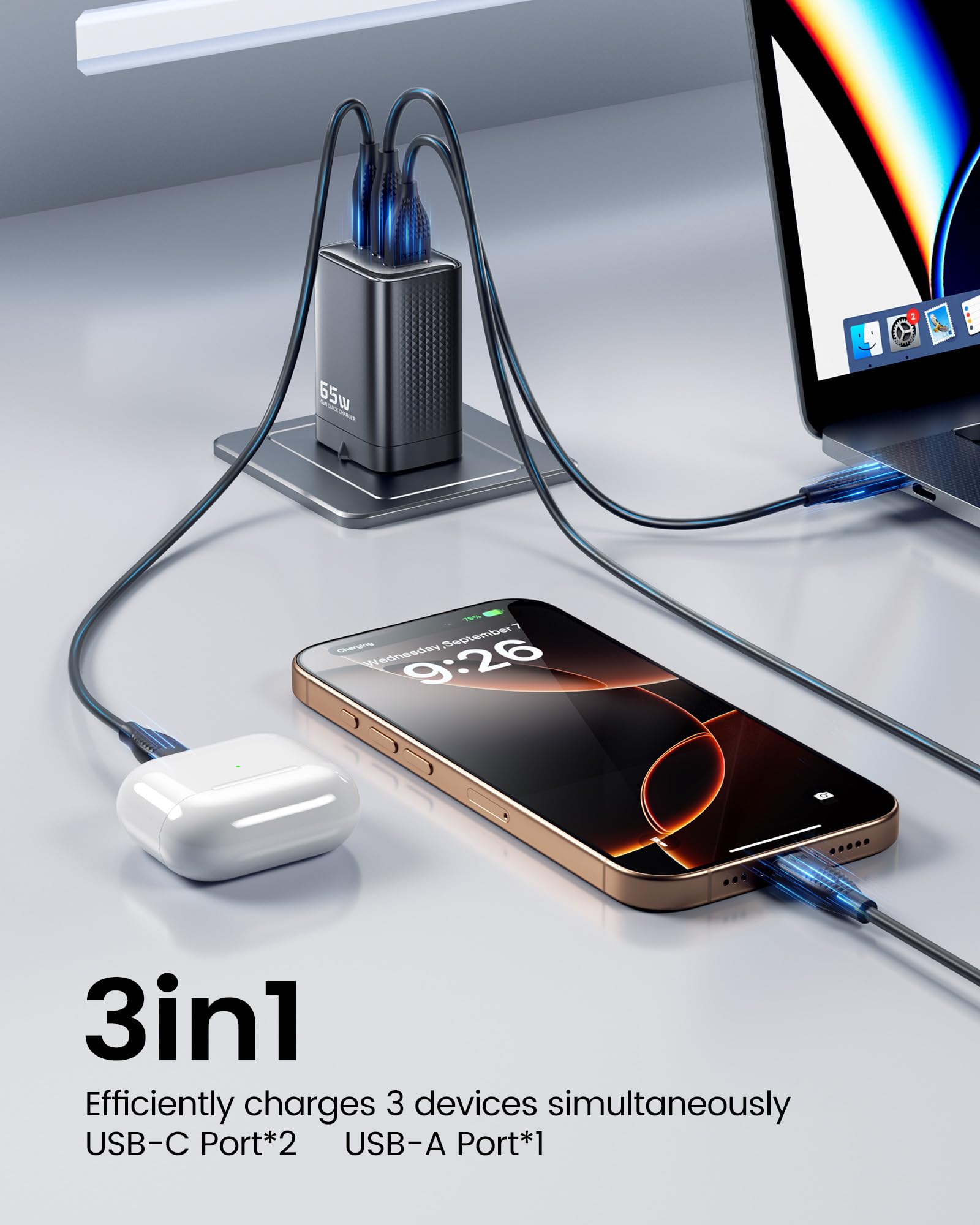 Toocki 65W GaN Ladegerät – 3 Ports Mit USB-C Kabel Für Laptop & Handy