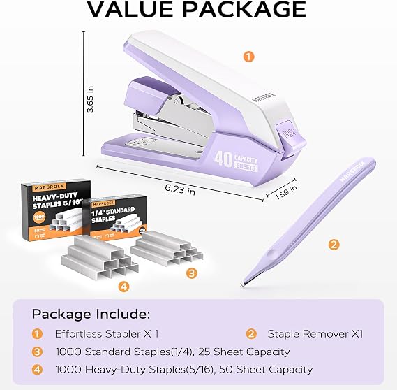MARSROCK Effortless Stapler for Desk with 40-50 Sheet Capacity, 2000 Staples, 1-Touch Stapling, Ergonomic & Easy to Load Desktop Staplers, Heavy Duty Stapler, and Magnetic Staple Remover, Purple