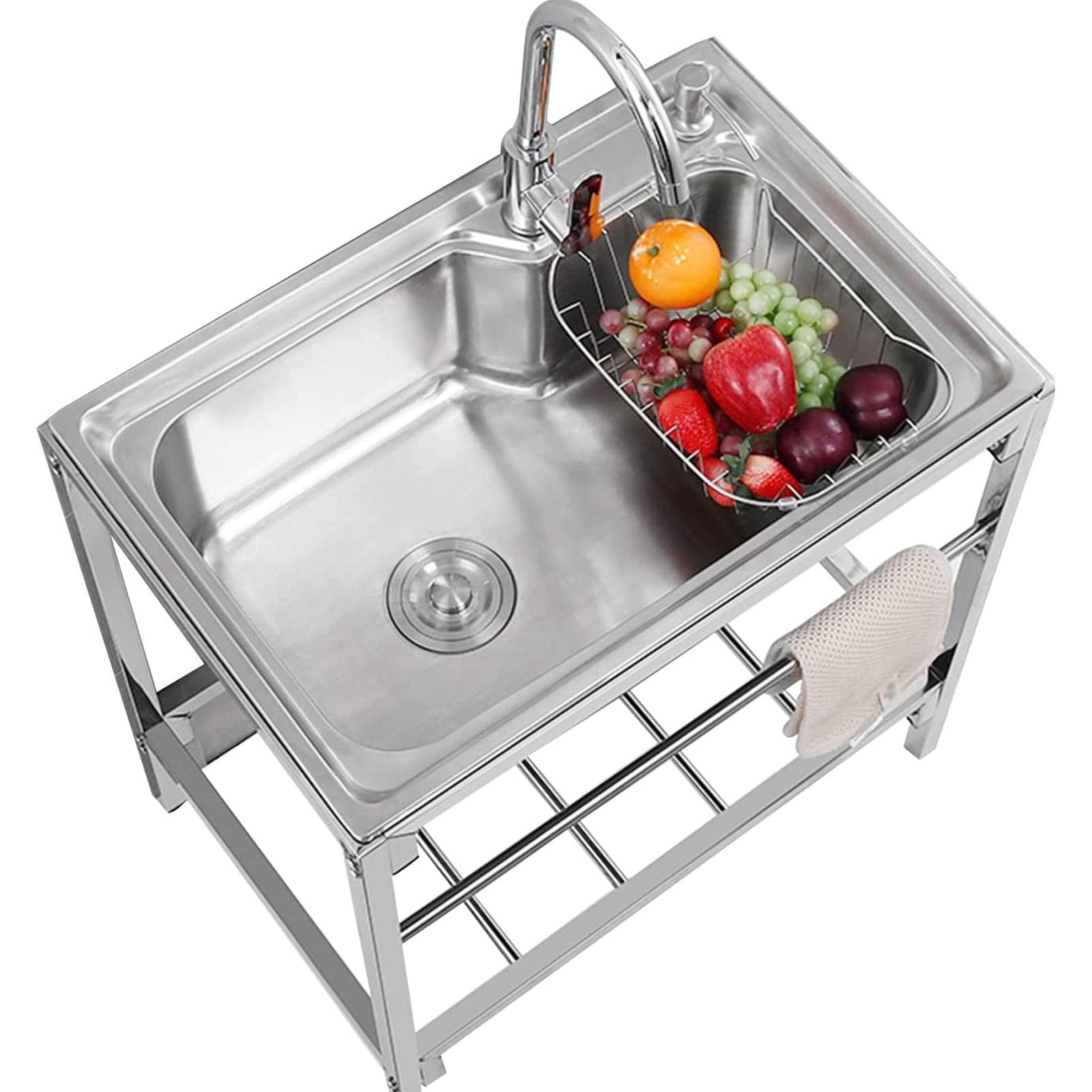 WIQUYBML Stainless Steel Single Bowl with Stand Free Standing Commercial Restaurant Utility Set Drain Basket & Hot and Cold Tap for Workshop Farmhouse Catering