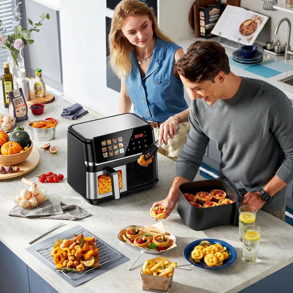 Air Fryer Grande 5+5 Litros, Freidora de Aire de Doble Cesta Airfryer con Ventana,Multifunción 12 en 1, Revestimiento antiadherente apta para lavavajillas e incluye un obsequio
