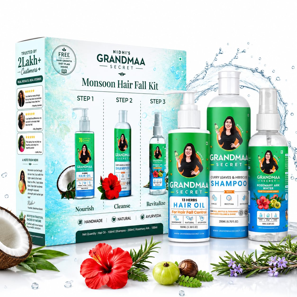 Nidhi's Grandmaa Secret Monsoon Hair Fall Control Kit | 13 Herbs Hair Oil 100ml, Curry Leaves Shampoo 200ml & Rosemary Ark 100ml | Ayurvedic Hair Care Combo for Hair Growth & Stronger Hair-image-48