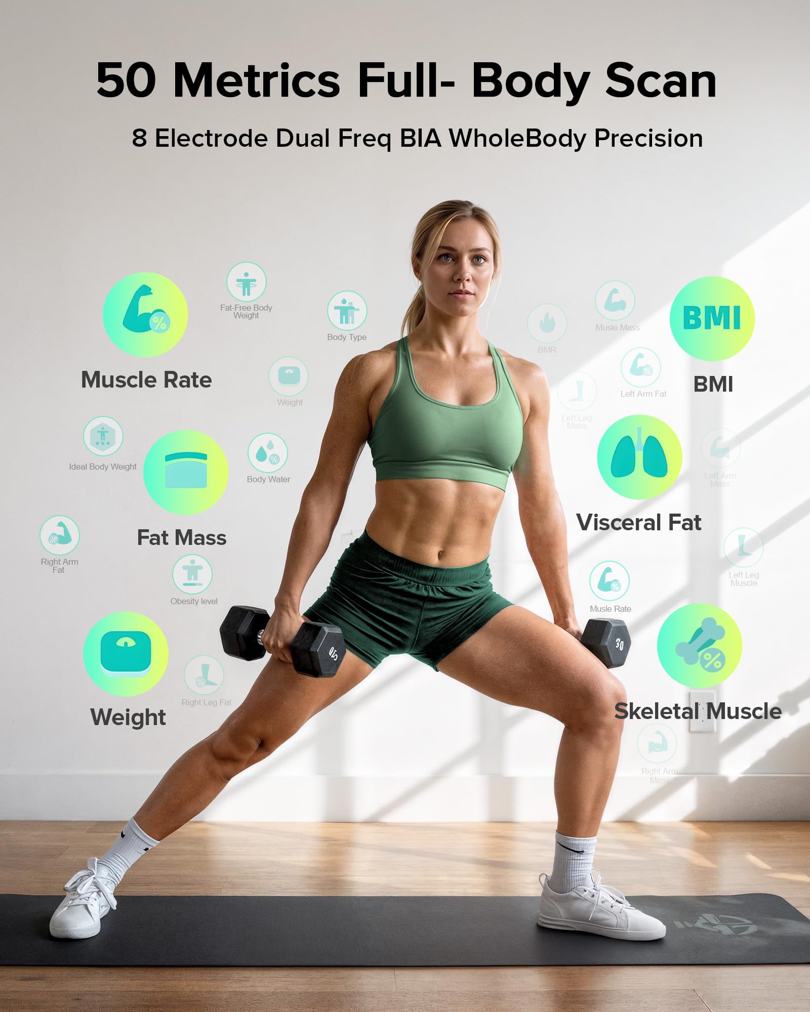 RunSTAR Körperfettwaage, Personenwaage digital mit 8 Elektroden für Körpergewicht und Körperfett, BMI, Muskelmasse und Analyse von 28 Körpermaße App-Nutzung, 3-Metrik-Anzeige, 180kg