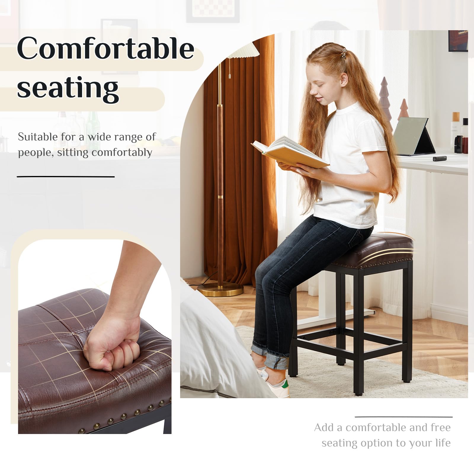 Sweetcrispy Bar Stools Set of 4, Counter Height 24 inch Saddle Stools, Modern PU Leather Barstools with Metal Base and Footrest, Upholstered Bar Chair for Kitchen Island, Brown