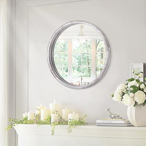 Miniatura 7 de Espejo de pared circular de 16 pulgadas, espejo de pared redondo para baño, espejo de granja blanco rústico para baño, espejo de marco de madera