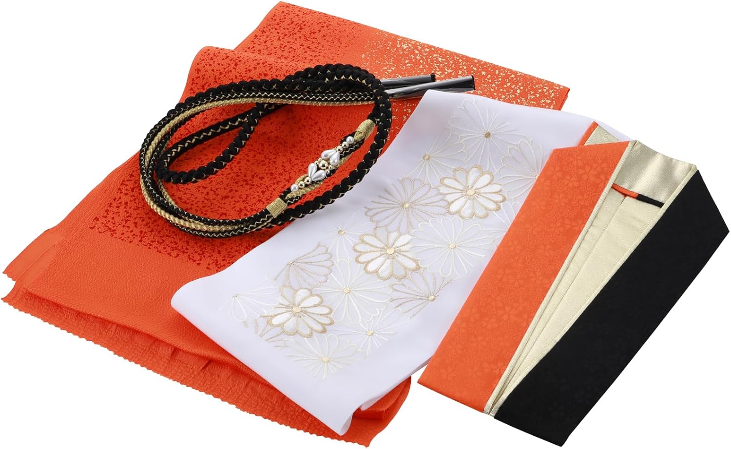 正絹お振袖10点フルセット 紺×オレンジ サイズ自由 新品未仕立て品 お