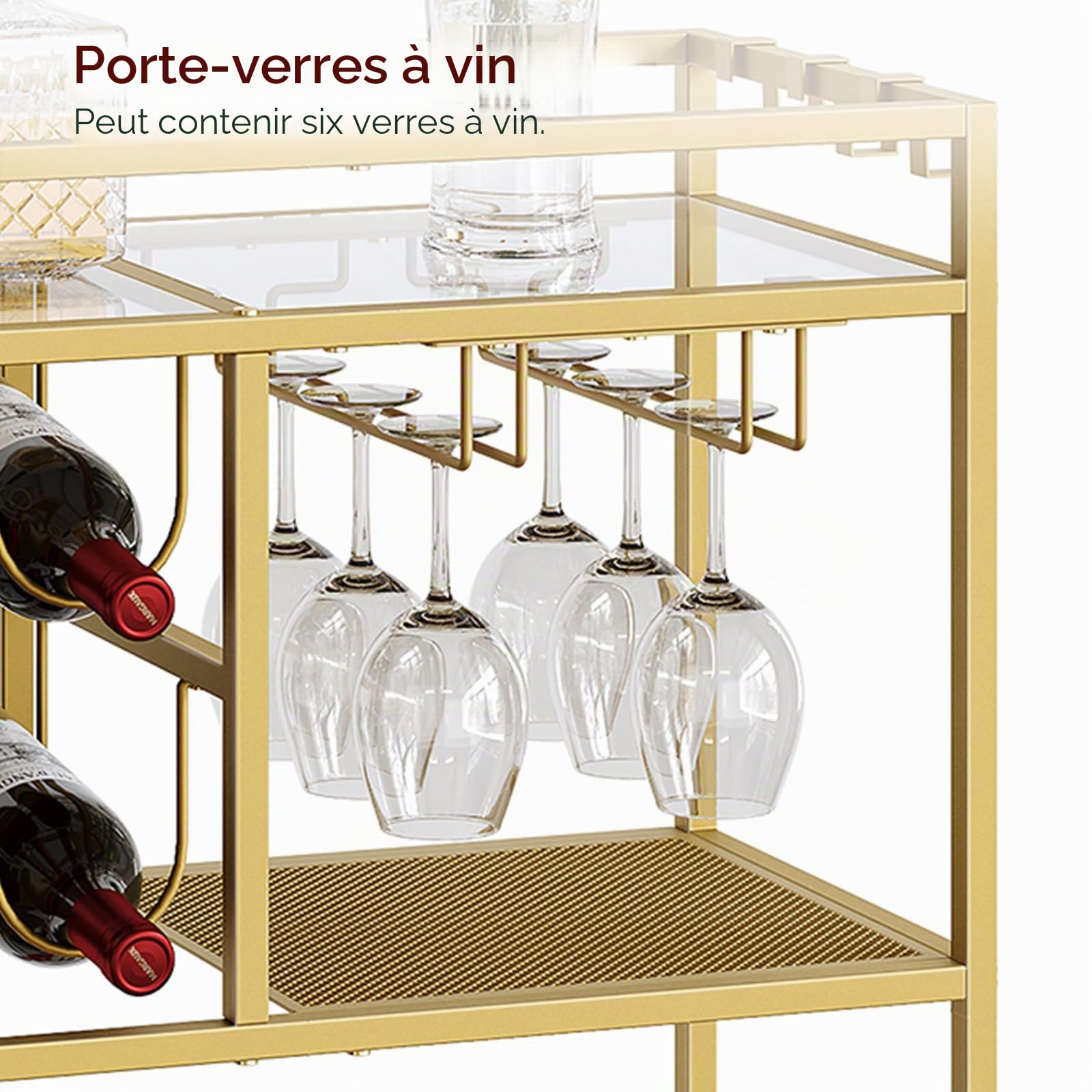 MAHANCRIS Chariot Ménager, Desserte de Service Roulant à 3 Niveaux avec Poignée, Chariot à Boissons avec Porte-Verres et Porte-Bouteilles, pour Cuisine, Salle à Manger, Or ARCJ61B01