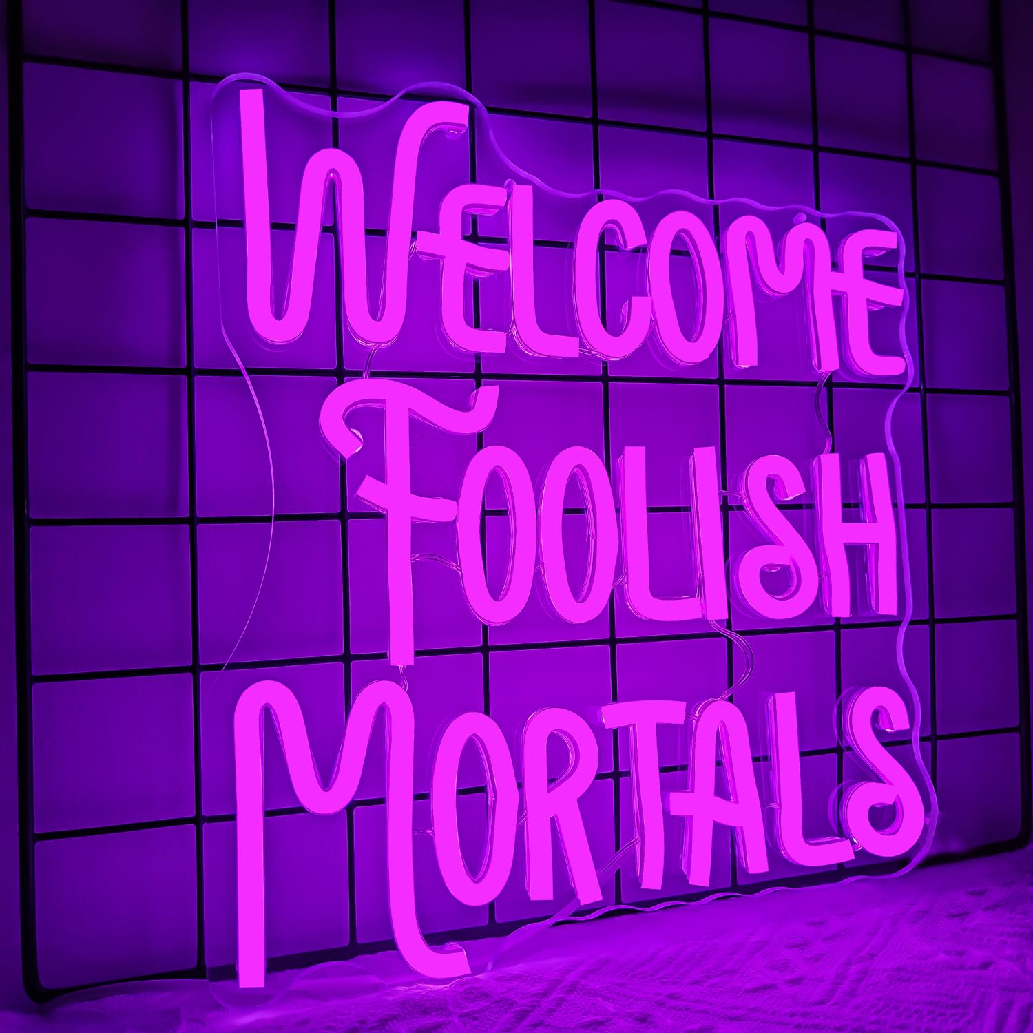 Insegna al neon con scritta Welcome Foolish Mortals, dimmerabile e spettrale gotica stregata con bara, insegna al neon a LED per decorazione da