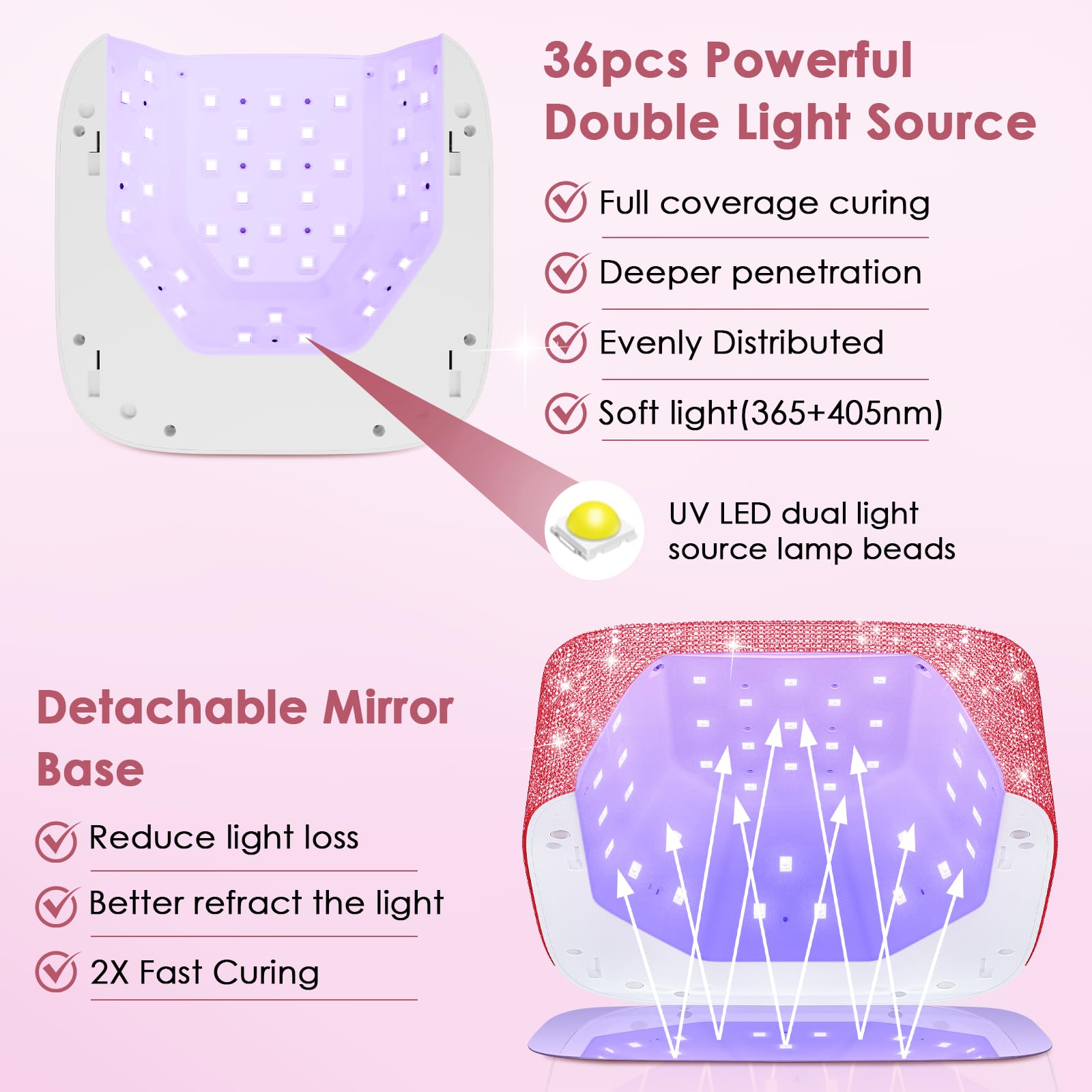 Lámpara LED UV de uñas inalámbrica, 80 W, recargable, para uñas de gel con 5 temporizadores y base de espejo, secador de luz de gel profesional, lámpara de curado de diamantes de imitación
