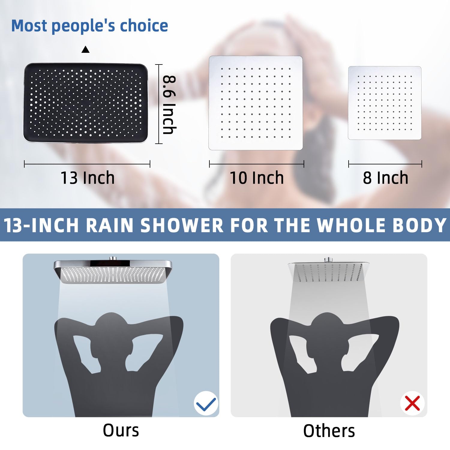 Cabezal de ducha de lluvia de 13 pulgadas con brazo de extensión, cabezal de ducha de lluvia de lujo, extensor de brazo ajustable de metal de 16 pulgadas con juntas de bloqueo