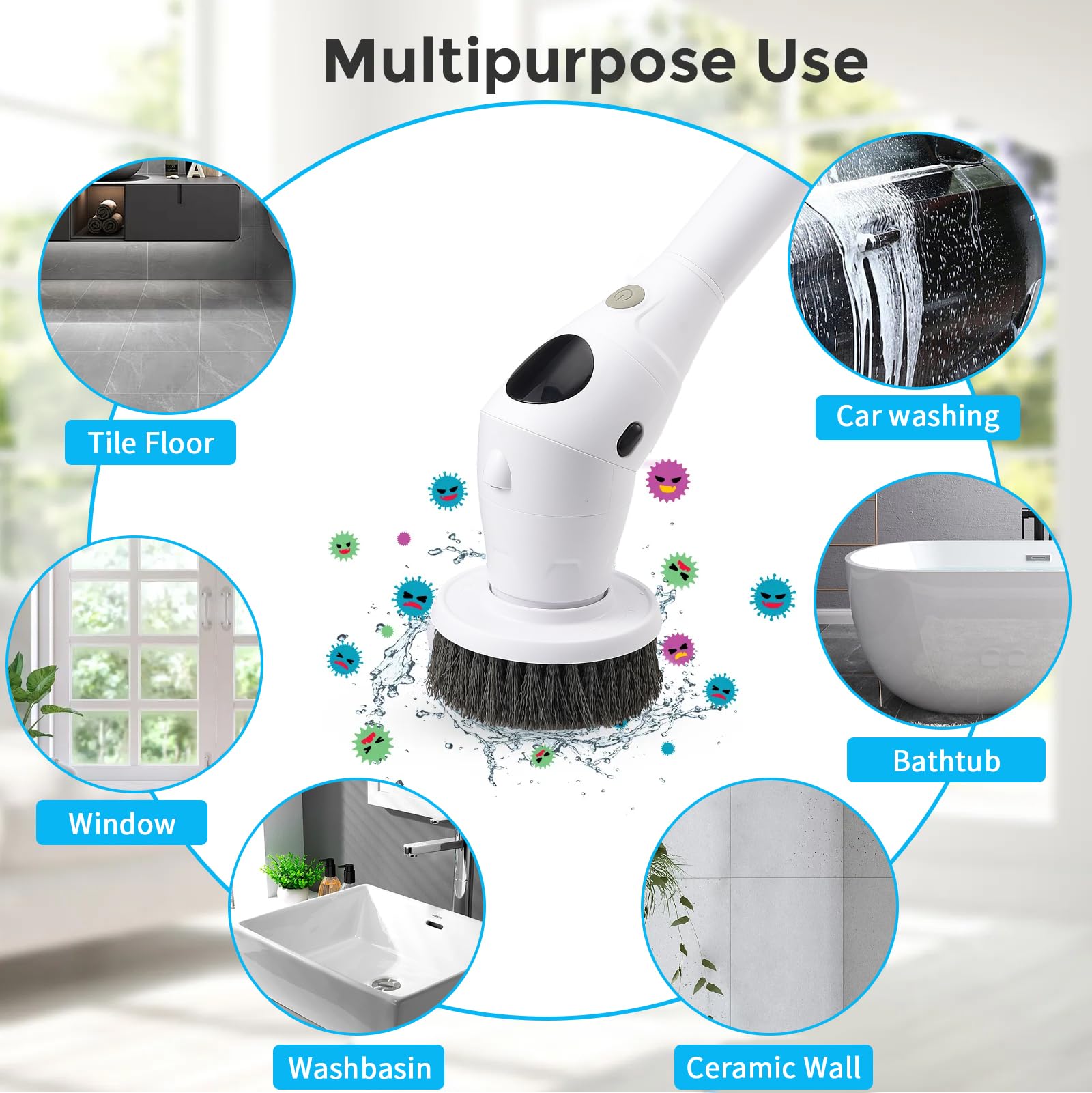 Brosse électrique rotative sans fil pour baignoire avec 8 têtes de brosse remplaçables, brosse de nettoyage électrique avec poignée d'extension réglable pour salle de bain, sol, carrelage, baignoire