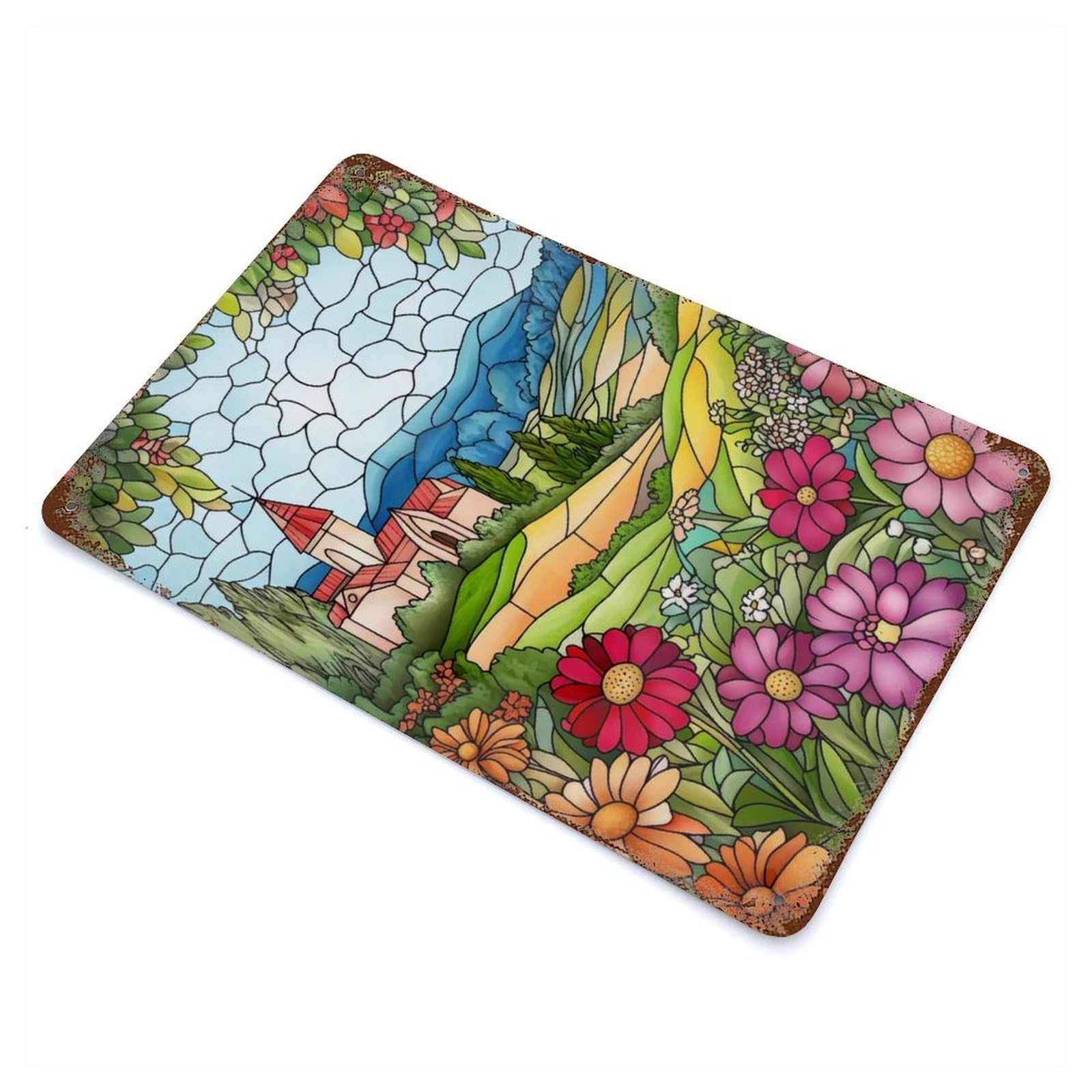 Stained Glass Countryside 11.8"x7.9" Rusty Metal Tin Sign, Shabby Chic Decor for Bistro, Counter And Cafe Decor