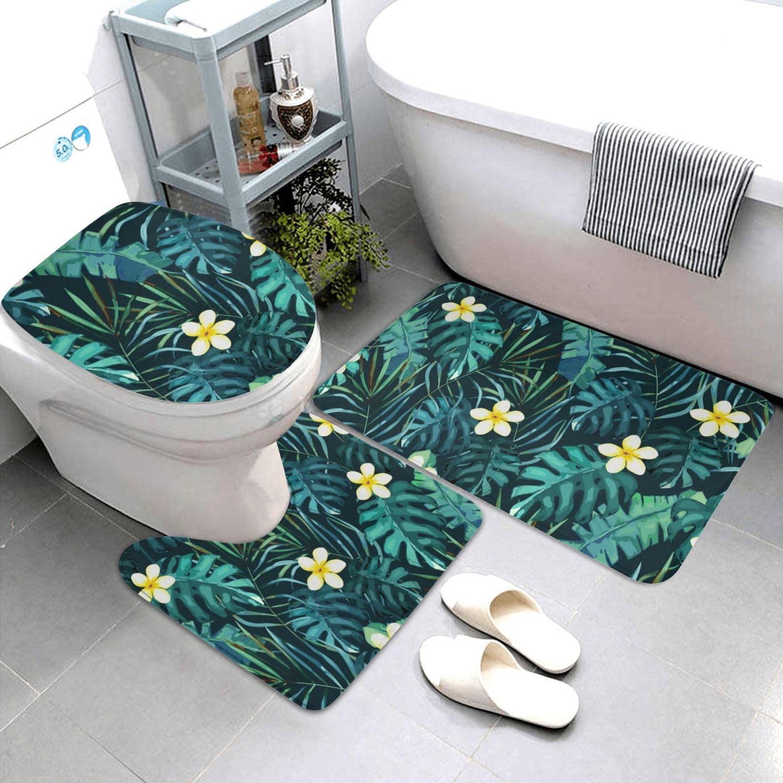 Set di 3 tappetini da bagno hawaiani in flanella morbida antiscivolo con coperchio per la decorazione della casa