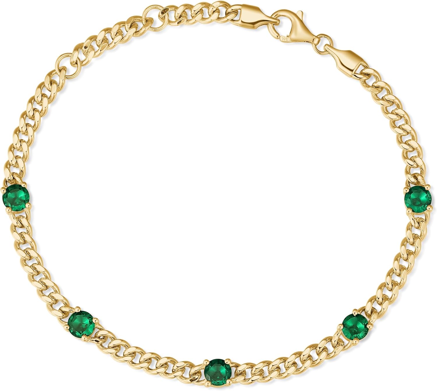 FANCIME 925 Sterling Silver 3.6mm Gold Plated Cuban Link Curb Chain Bracelet With Created Emerald Gemstone for Women Men Unisex