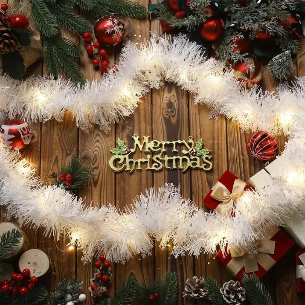 20 guirnaldas de alambre de copos de nieve, 2 m, guirnalda de Navidad, guirnalda de abeto, decoración navideña, guirnalda de espumillón, guirnalda de nieve para puerta, pared, ventana