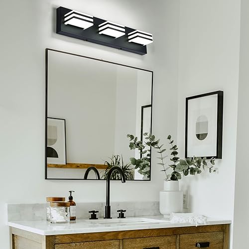 Miniatura 7 de Lámpara de tocador LED negra, lámpara de tocador frontal de 3 luces, moderna lámpara de tocador de baño de metal pintado de acrílico negro sobre