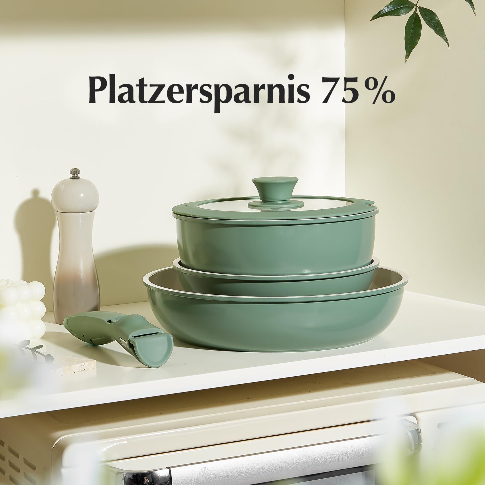 Redchef Set di pentole in ceramica con manico rimovibile, in ceramica, non tossico, per camper, per campeggio, senza PTFE, senza PFAS, senza PFOA, salvaspazio, lavabile in lavastoviglie, verde