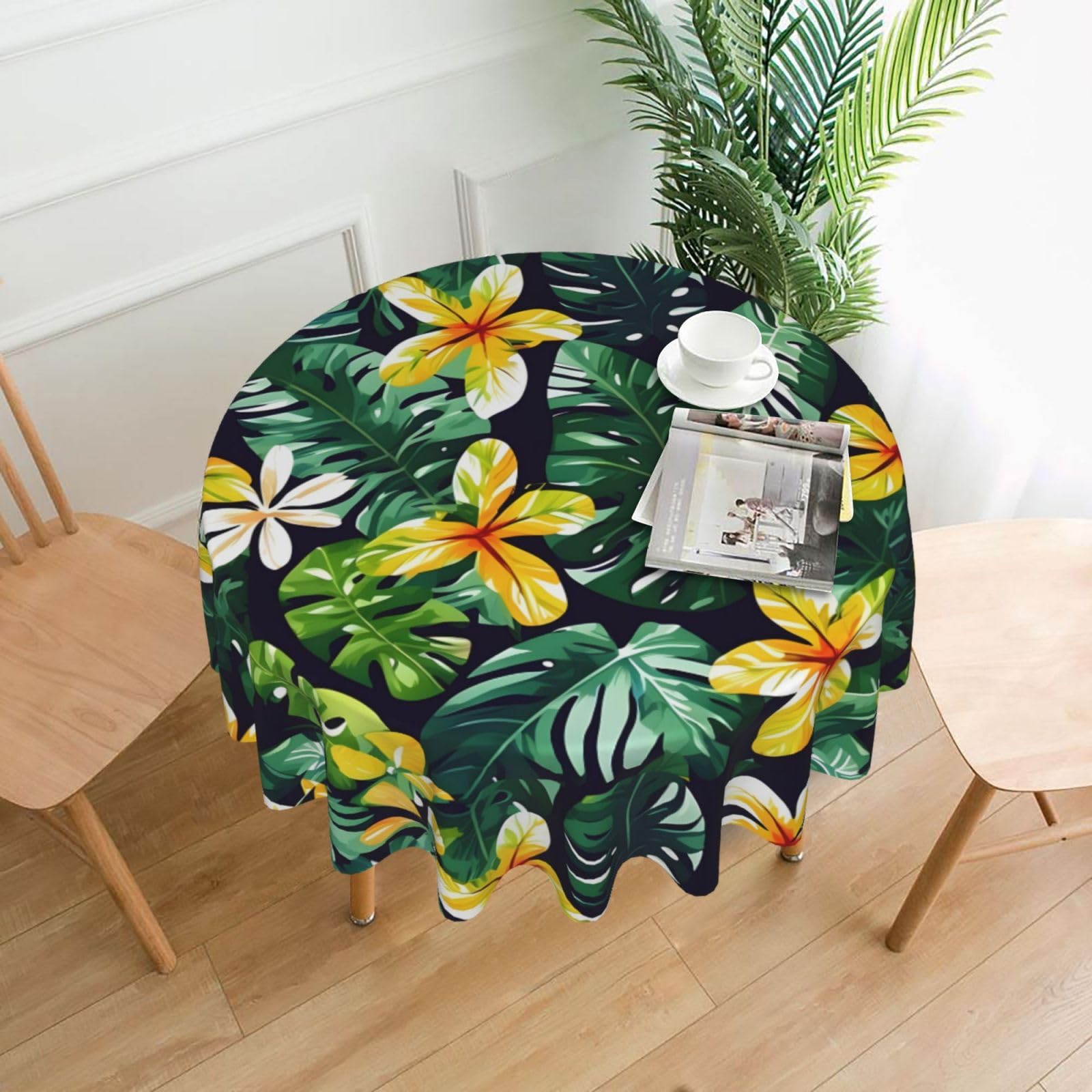 Nbtghga Hawaiian Tropical Leaves Flowers Print Tablecloth Round Border Table Cloth Cover Decorative For Party Holiday Dinning Tabletop Home