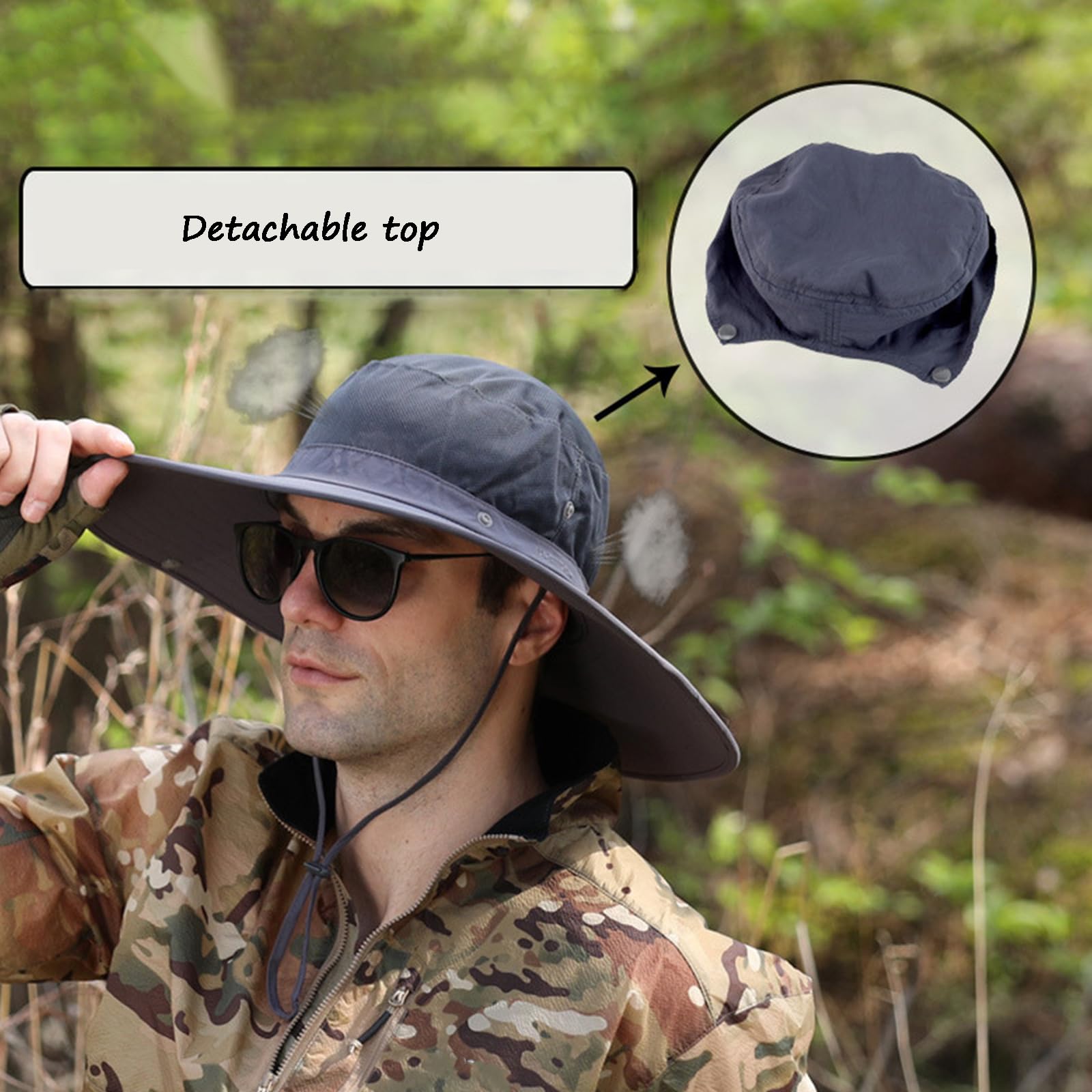 Cappello Da Pescatore A Tesa Larga Traspirante Da Uomo con Cinturino Sotto Il Mento E Parte Superiore Rimovibile Berretto Estivo Ad Asciugatura Rapida
