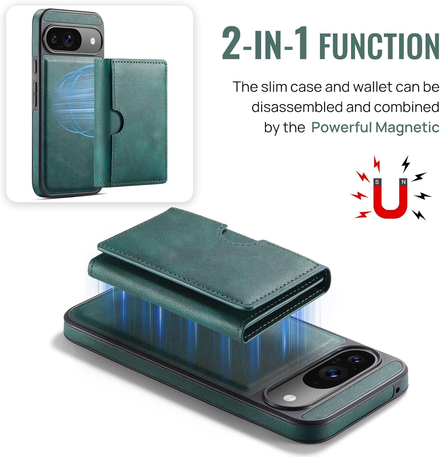 Asuwish Phone Case for Google Pixel 9/9 Pro 5G Wallet Magnetic Detachable Cell Cover with Wireless Charging and RFID Blocking Credit Card Holder Flip Stand Kickstand Pixel9 9Pro Nine Women Men Green