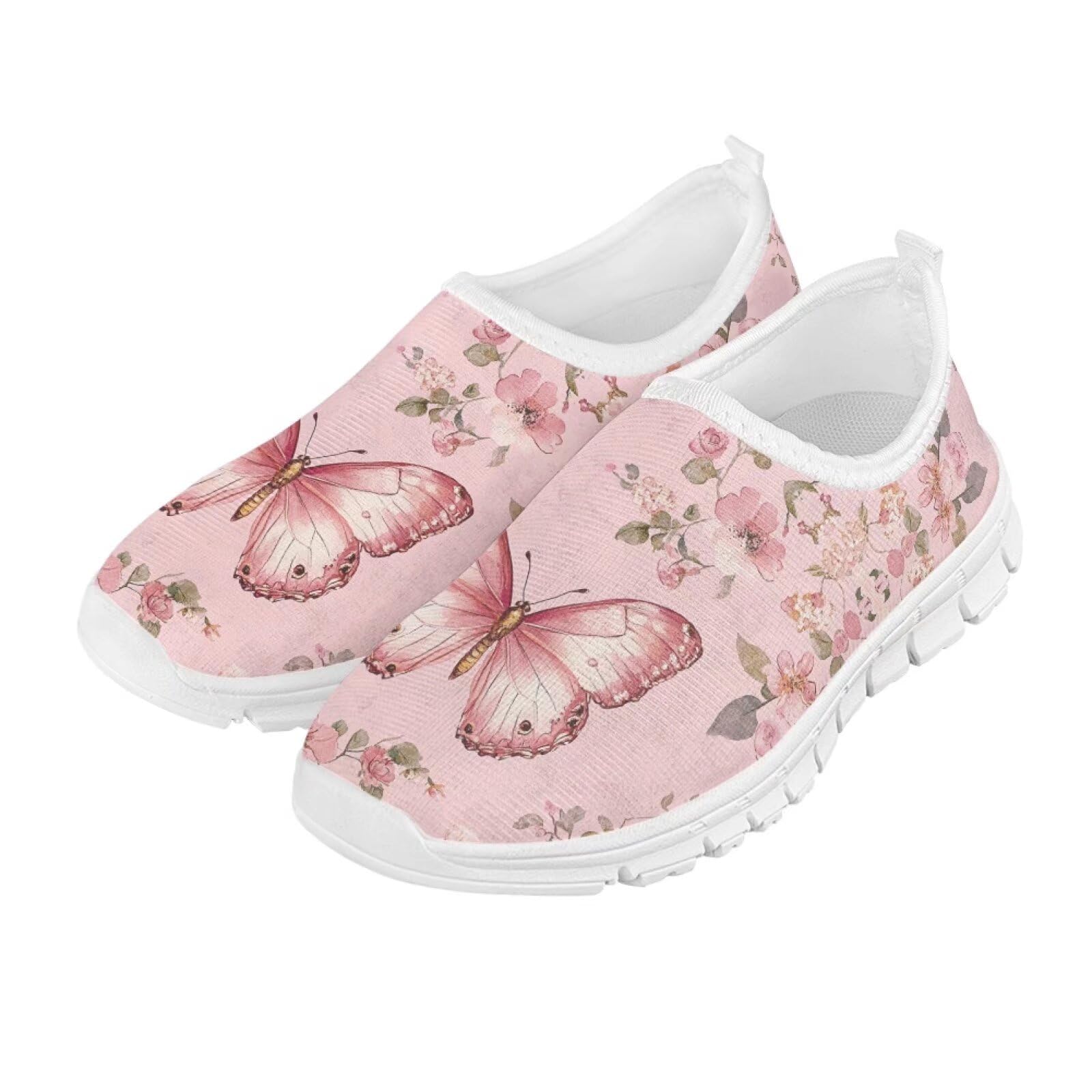 Cugasmaru Pink Butterfly Tennis Shoes for Girls Gym Shoes for Boys Slip On Sneakers Size 1.5 Athetic Casual Shoes Big Kids School Sport Shoes for Valentine's Day