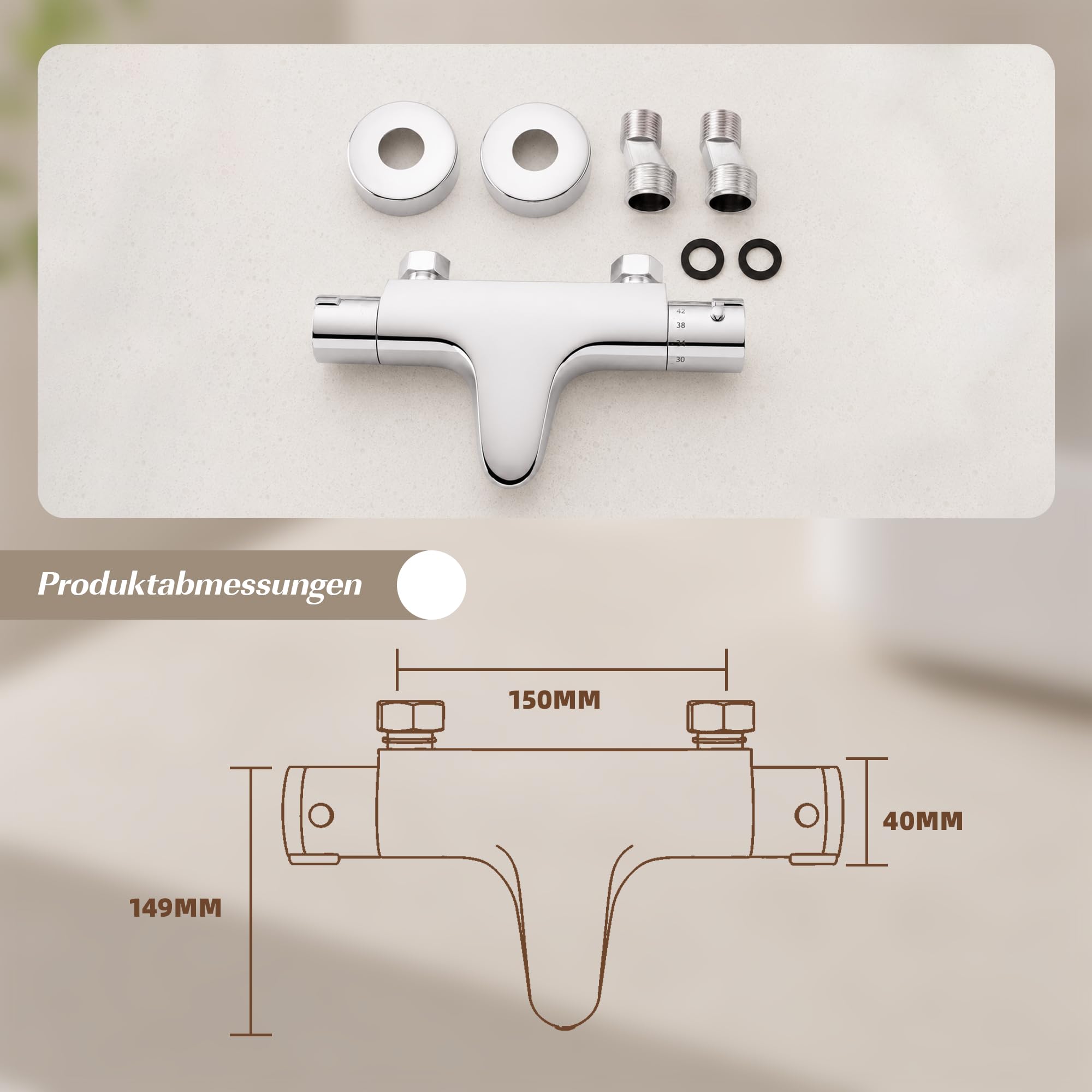 MORADO Thermostatischer Badewannenmischer, Wandmontage, Thermostat-Duscharmatur, Badewannenarmaturen mit 38 °C Sicherheitsschutz, Verbrühungsschutz, seitlicher Auslass, Badewannenauslauf, Chrom