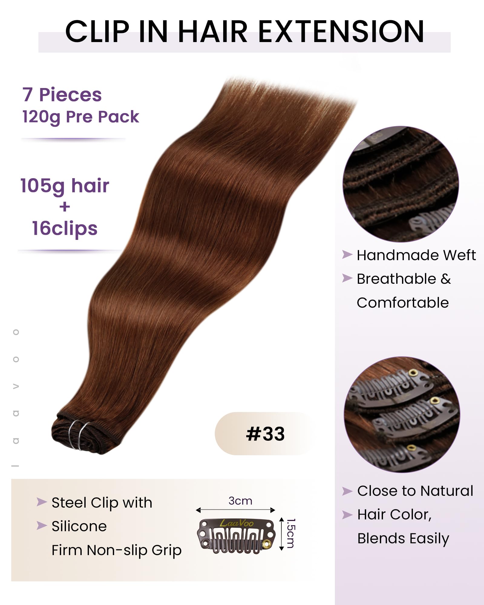 LaaVoo Clip in Hair Extensions Real Human Hair Brown Hair Extensions Clip in 24 Inch 120g 7pcs Full Head Straight Red Brown Remy Hair Double Weft #33 - Image 3