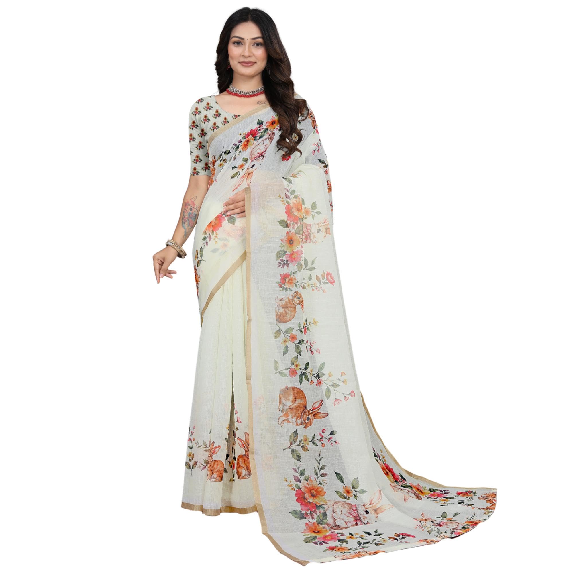 Womens Linen Cotton Saree Featuring Digital Floral And Rabbit Motifs Design With Linen Cotton Blouse 5.5 Meter Saree and 0.8 Meter Unstitched Blouse Piece-image-32