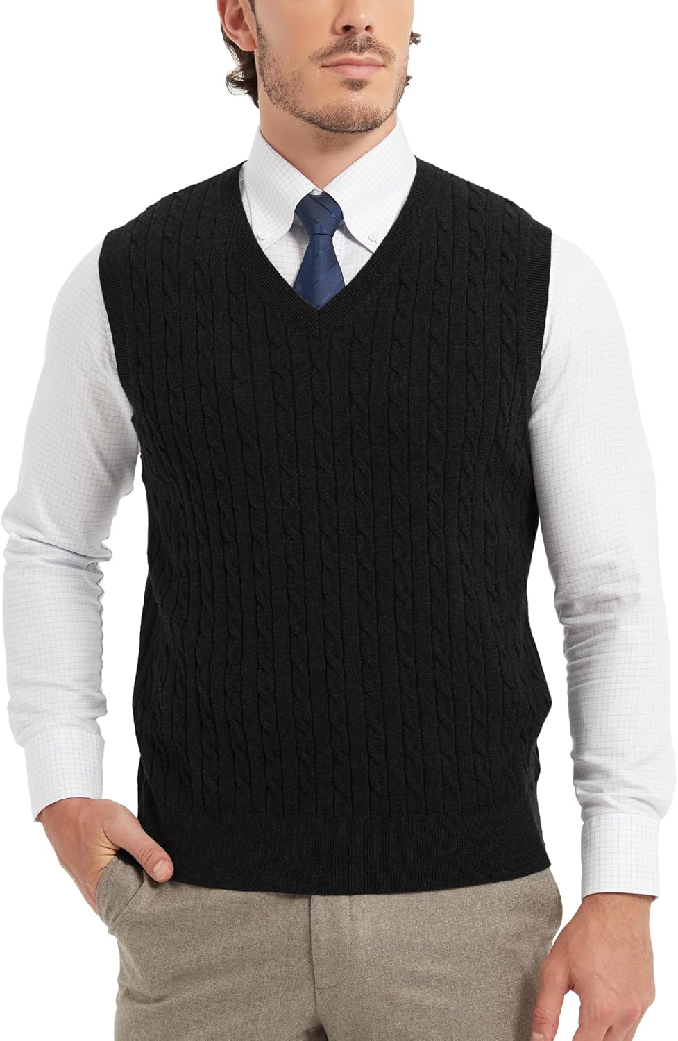 Kallspin Men’s Cable Knit Sweater Vest Pure Cotton V-Neck Sleeveless Knitted Pullover for Fall Winter