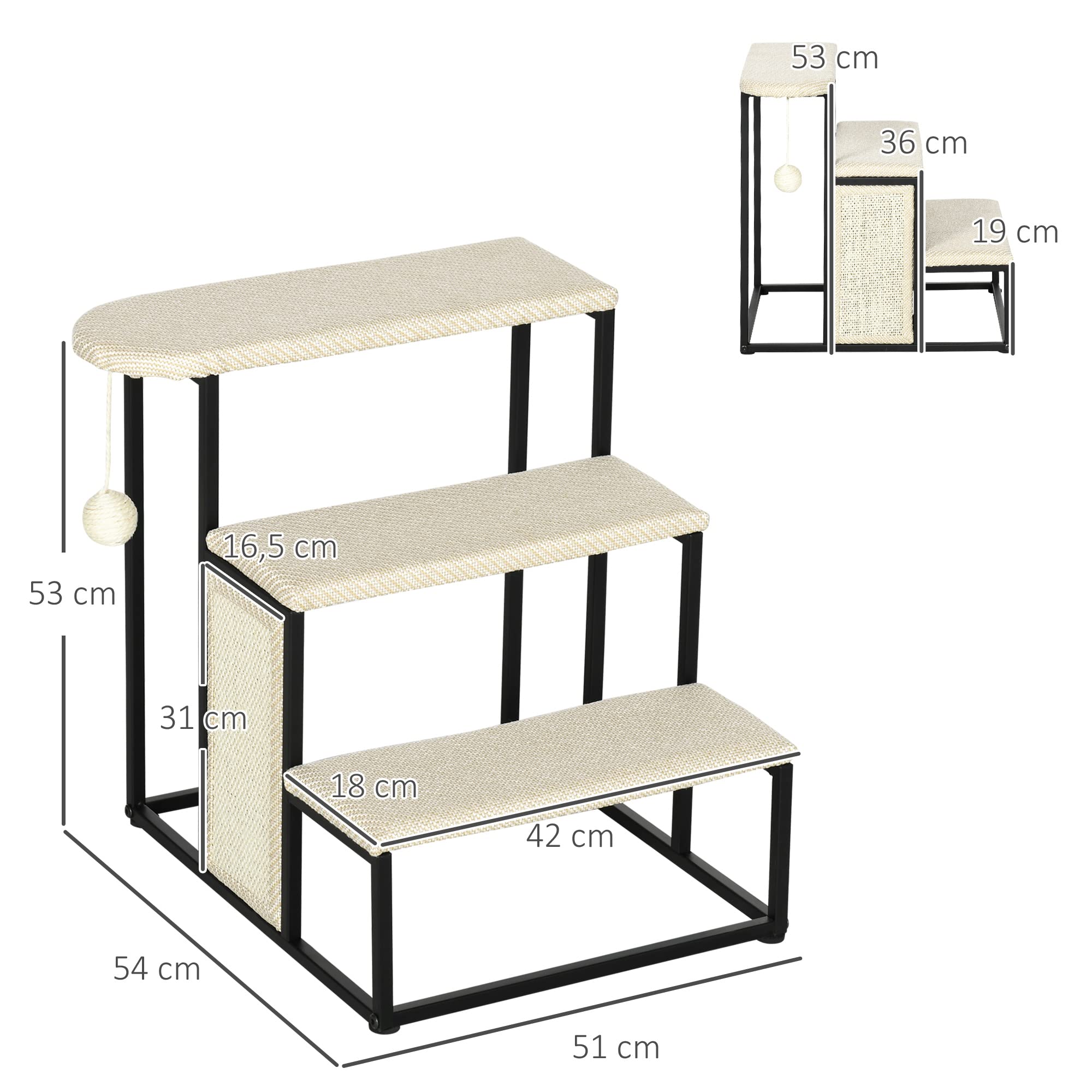 PawHut Hundetreppe 3 Stufen 53 cm Hoch Haustiertreppe für Katzen bis zu 6 kg Katzentreppe Hunderampe Einstiegshilfe für Bett, Sofa, Couch und Auto Cremeweiß+Schwarz