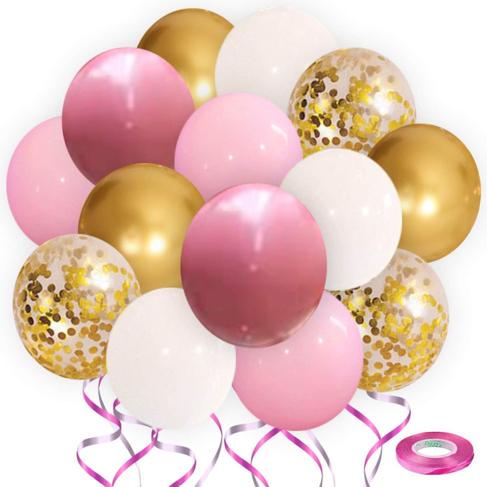 Blocesa Pink White Balloons, 50 pcs 12 inch Hot Pink Balloons White Balloons Pink and Gold Balloons Gold Confetti Balloons for Birthday Wedding Baby Shower Bridal Shower Decorations.