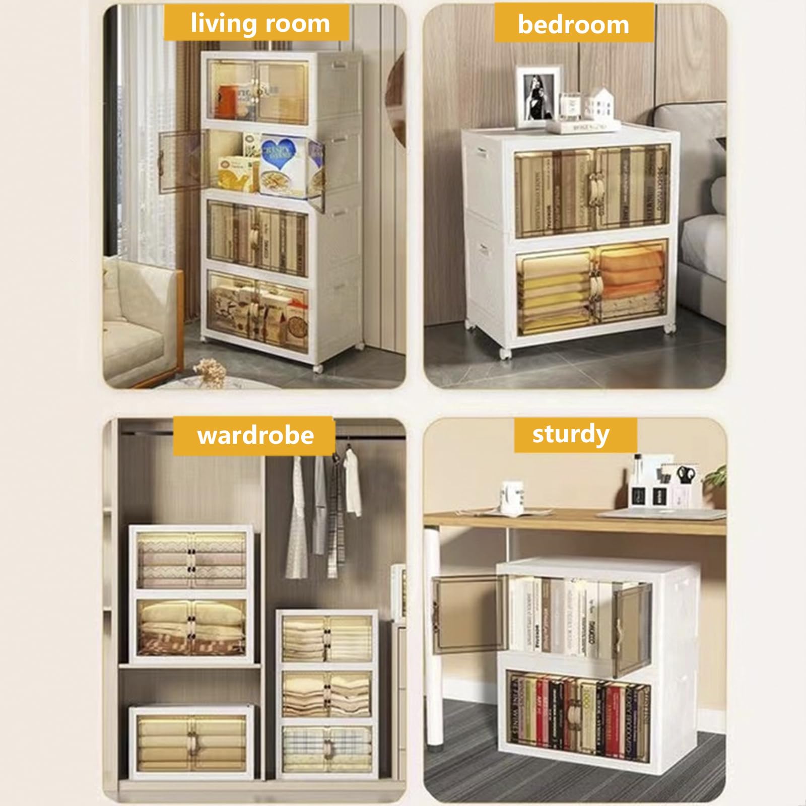 Boîtes de Rangement Pliables Plastique avec Couvercle, 62L Caisse Rangement avec roulettes, Coffre de Rangement Transparente Grande pour Maison,Chambre,Salle de Bain,Cuisine,Bureau,4 Pack