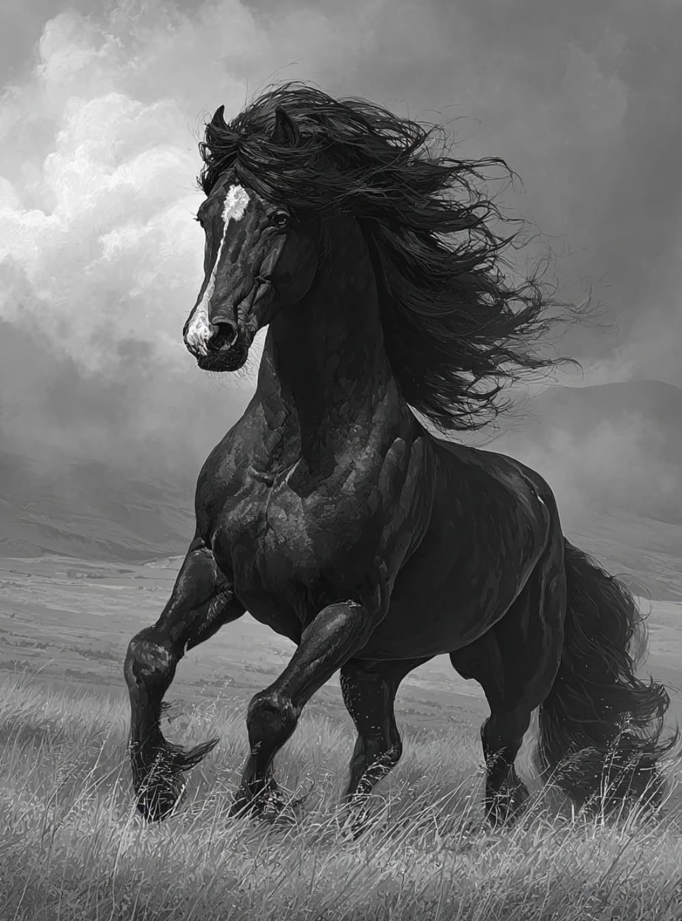 WANGWANGMIAO Paint by Numbers for Adults Galloping Black Horse Grassland- DIY Oil Painting Kits with Brushes and Acrylic Pigment, 16x20 inch Canvas，with Frame