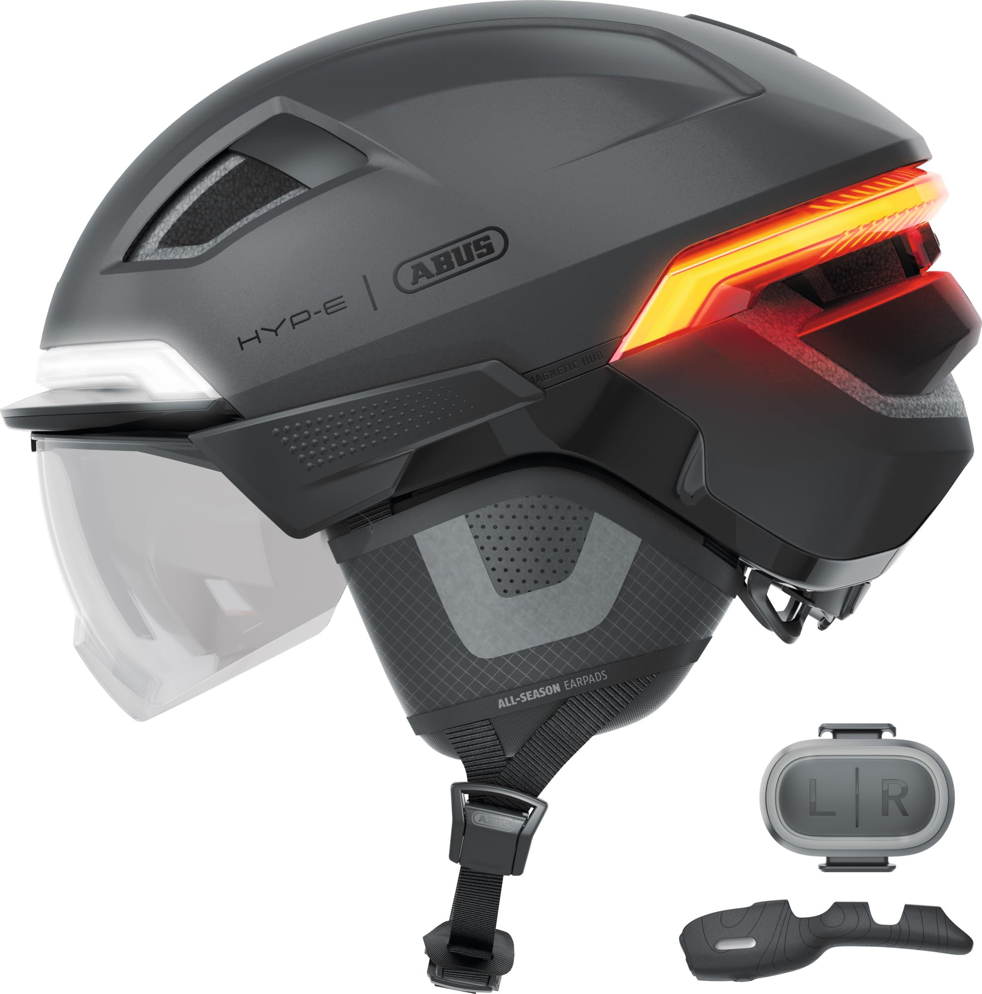 ABUS Fahrradhelm HYP-E BL.ACE - Mit Front-, Rück- Und Blinklicht Sowie Kabellos Zu Aktivierendem Bremslicht - Mit Visier (klar) Und Ohrenschützern - Für Fahrrad, E-Bike Und S-Pedelec - Größe S, Gelb