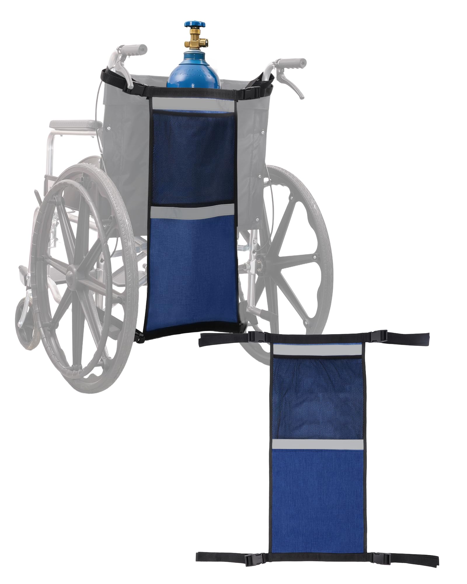 Portable Oxygen Cylinder Bag Für Rollstühle (Blau, Einzelpackung) Soporte de Tanque de Oxígeno para Silla de Ruedas y Andador, Tiras Reflectantes de Seguridad, Soporte Doble Ajustable