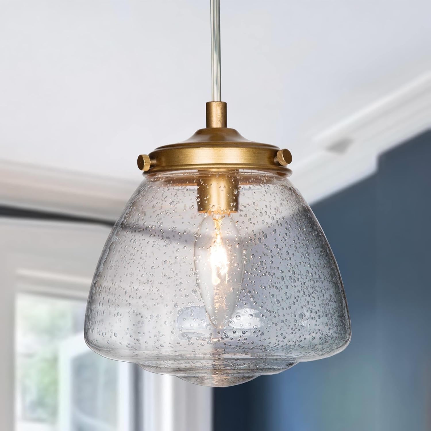 GEPOW Antique Gold Pendant Light, Modern Hanging Lighting Fixture with Seeded Glass Shade & Clear Cord for Kitchen Island, Dining Room, Living Room, Entryway, and Stairway