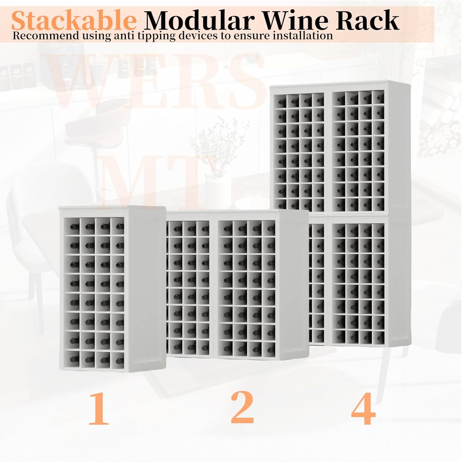 WERSMT 8-Tier Freestanding Wine Rack Wood, 32 Bottles Wine Rack Counter for Small Space, Farmhouse Stackable Modular Wine Bottle Holder Rack, White